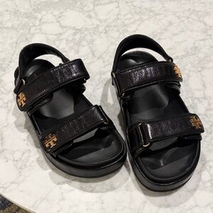Tory Burch Black Leather Kira Sport Double Strap Logo Sandals 7.5